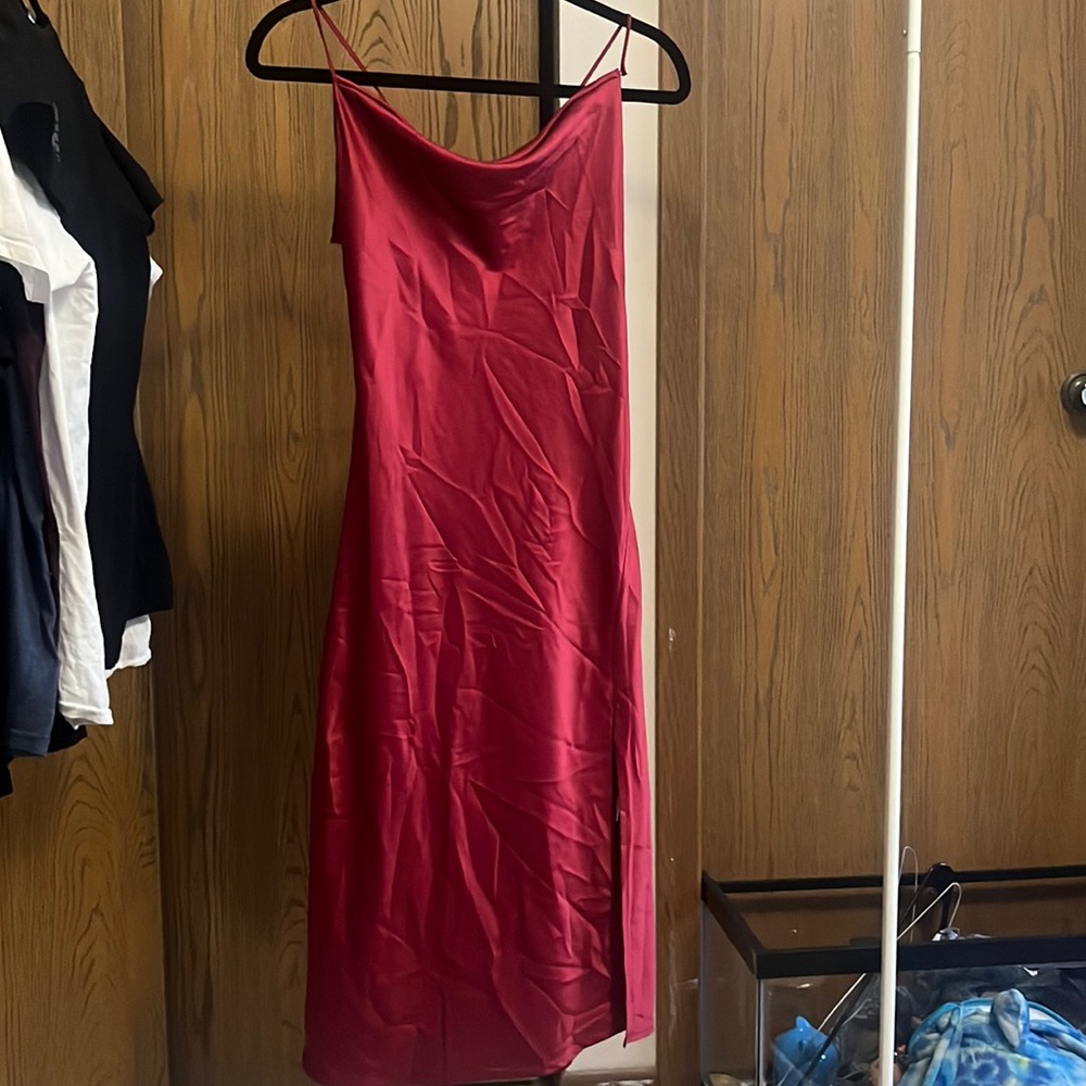 red satin slip dress from forever21 with a slit in side and tie up corset back